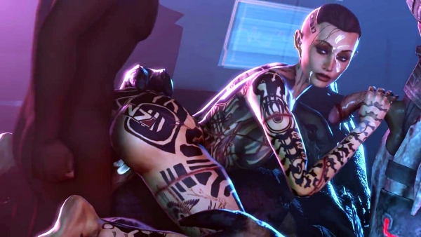 Татуированная брюнетка Mass Effect: Жесткий анал с монстром и двумя друзьями ради выживания! Топ HD порнуха